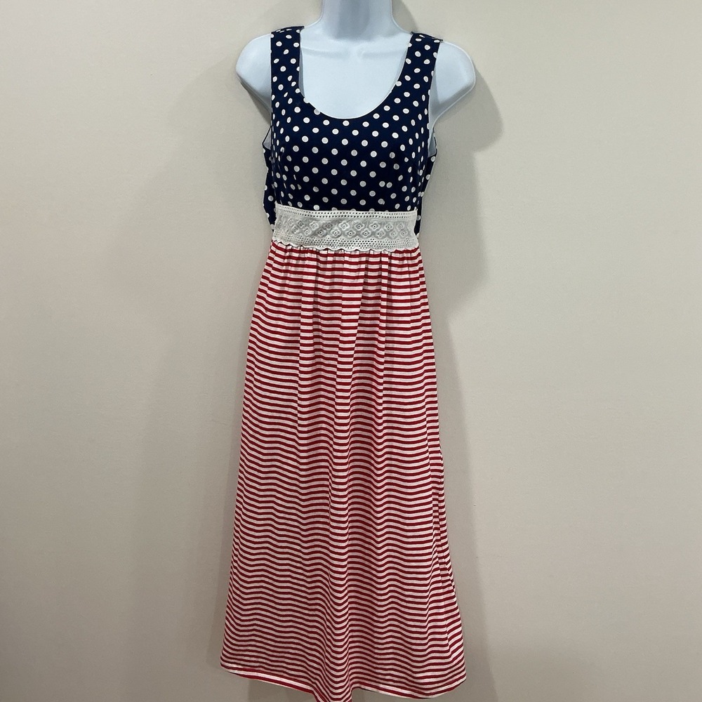 Smocked Polka dot American Flag Womens Maxi Dress Size Small Round Neck USA